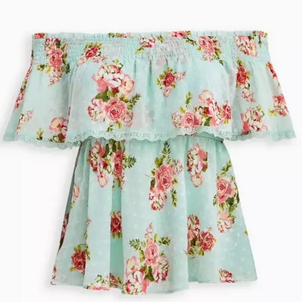 Torrid Size 0 (12/large) Floral Green Swiss Dot Off-Shoulder Blouse Top